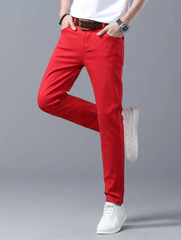 Men's Classic Red Jeans - Opaque Stretch Denim Pants, Machine Wash Suitable for Year-Round Wear - Adult Men's Clothing