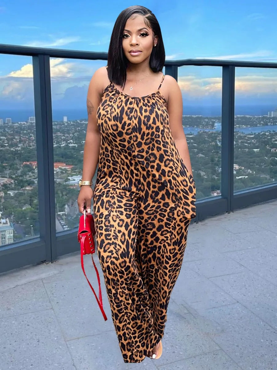 LW SXY Plus Size Leopard Print Pocket Design Jumpsuit Patchwork Sleeveless Spaghetti Strap Women Elastic Skinny Summer Outfit