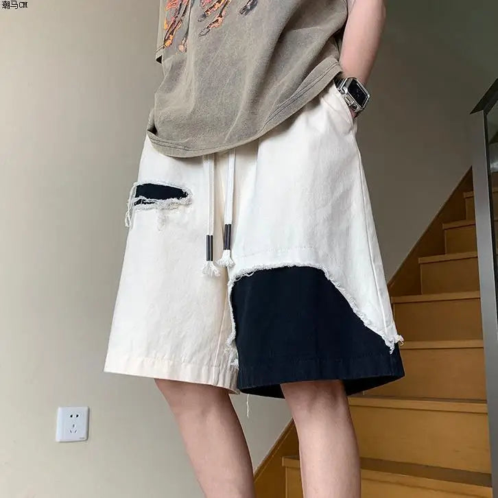 Denim Men's Summer Shorts Design Sense High Street Versatile Shorts Boys Contrasting Colors Irregular Splicing Ripped