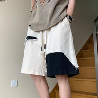 Denim Men's Summer Shorts Design Sense High Street Versatile Shorts Boys Contrasting Colors Irregular Splicing Ripped