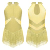 Kids Girls Sleeveless Fringed Bodysuit Moden Latin Jazz Dance Leotard Dress Rhinestones Gymnastics Skating Performance Costumes