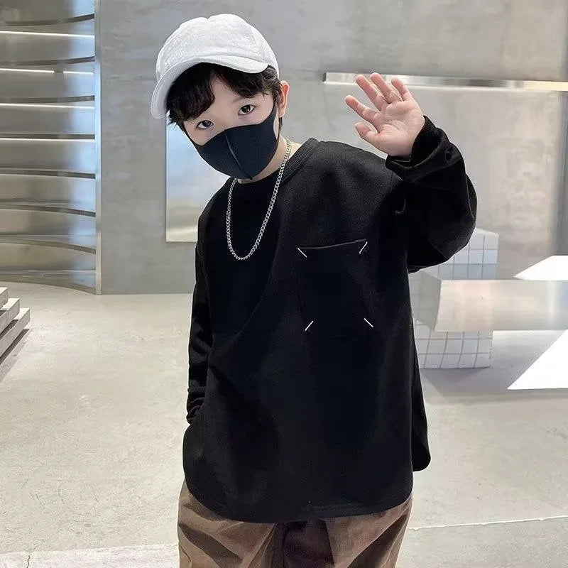 Sweatshirt Boys' Long Sleeve T-Shirt Spring 2025 New Solid Color Simple Stylish Casual Big Kids Top for 6-8 Years Old
