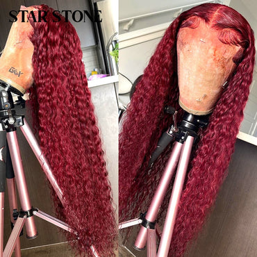 180% 99j Burgundy Deep Wave 13x4 Lace Front Human Hair Wigs Red Colored