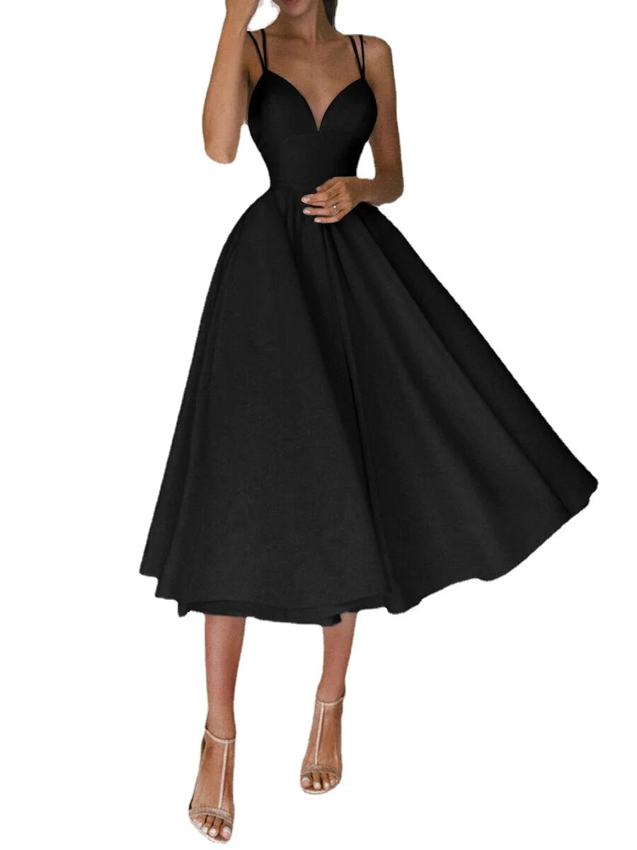 Wedding Dresses A-Line V Neck Sleeveless Tea Length Satin Bridal Gowns With Solid Color Wedding Dresses A-Line V Neck Sleeveless Tea Length Satin Bridal Gowns With Solid Color
