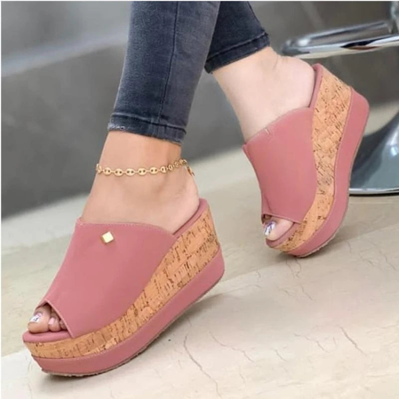 2023Slippers Summer  Wedges  Retro Fish Mouth Large Size Sandals Women High Heel Platform Solid Color Plus Size Shoes Sandalias