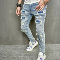 Street Stylish Men Holes Patch Skinny Pencil Jeans Pants Male Ripped Solid Slim Denim Trousers For Men's