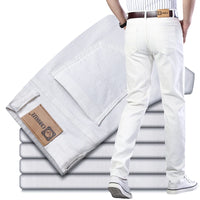 Men's Jeans Pure White Fashion Elastic Slim Youth Slimming Straight Leg Male Pants Business Casual Middle Age High End Trousers