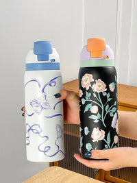 34oz Stylish Stainless Steel Water Bottle - Trendy Floral Two-Tone Design, 24Hr Hot/Cold Insulated, Leakproof Sport Lid & Handle
