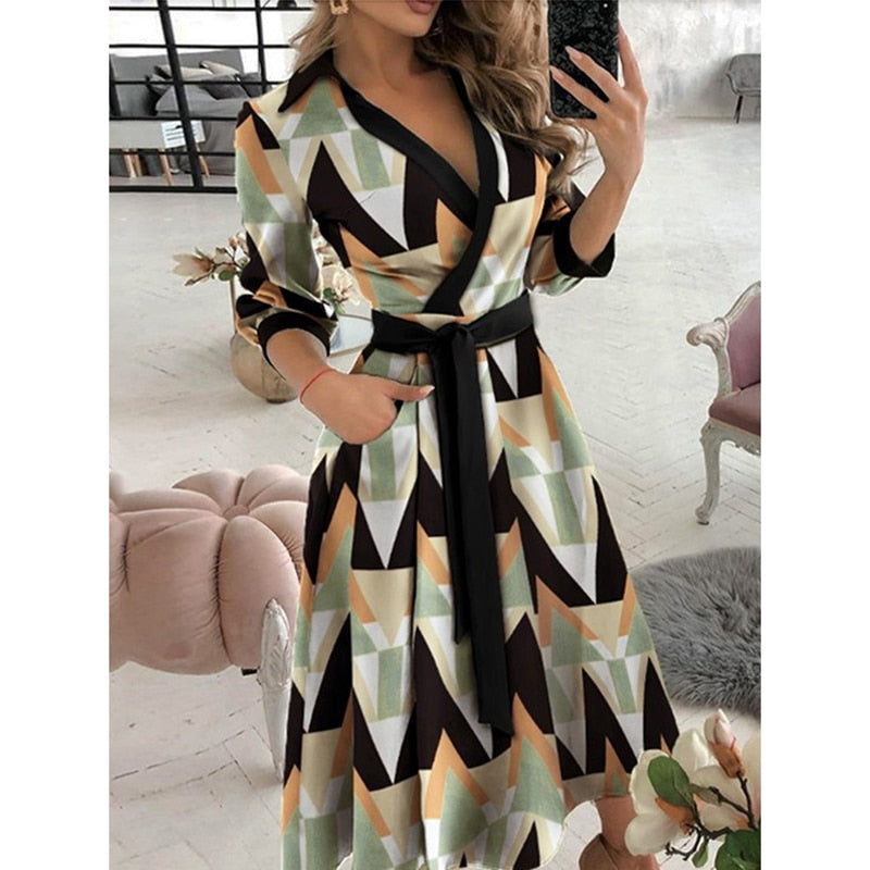 WAYFOLOVE Ladies Spring Summer Long Dress Women Long Sleeve Pocket Casual Dresses Elegant V Neck Butterfly Print Vintage Dresses