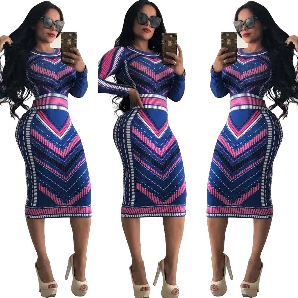 Multicolor Print Novelty Bodycon Sheath Dress Women Summer Long Sleeve Knee-Length Casual Dresses Elegant Slim Midi Robe Femme