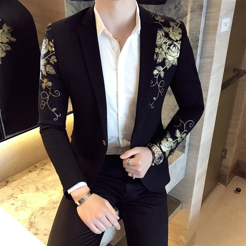 2022 New Luxury Gold Print Blazer Slim Fit Men Party Wedding Dress Black Suit Jacket