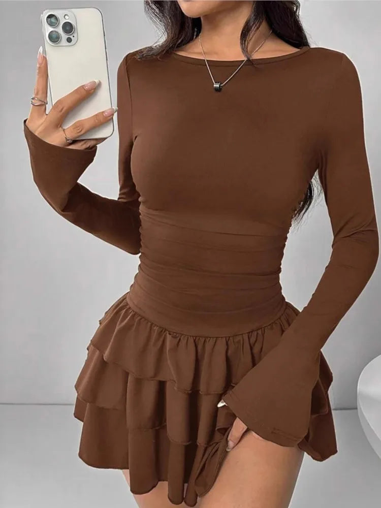 Temperament Dresses 2025 Woman Mini vestidos Simple Style Elegant French Bodycon Slim Pleated Fashion Long Sleeve Commuting Sexy