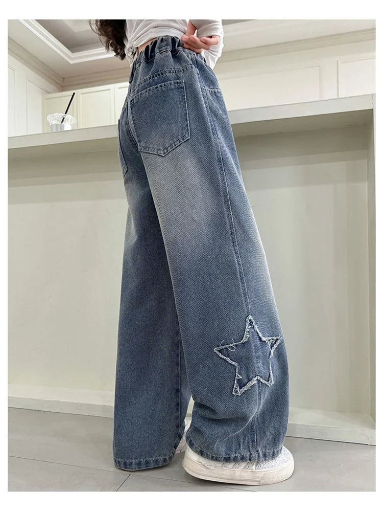 Girls Jeans 2025 Spring Autumn New Fashion Star Pattern Casual Denim Pants School Kids Trendy Teenage Children's Trousers 5-14T