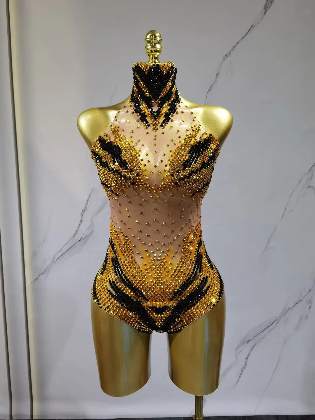 Gold Sequin Sexy Tight Bodysuit Triangle Pants Future Soldier Party Performance Costume for Women's Group Dance Y027