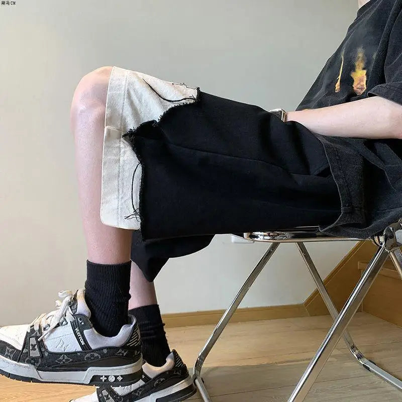 Denim Men's Summer Shorts Design Sense High Street Versatile Shorts Boys Contrasting Colors Irregular Splicing Ripped