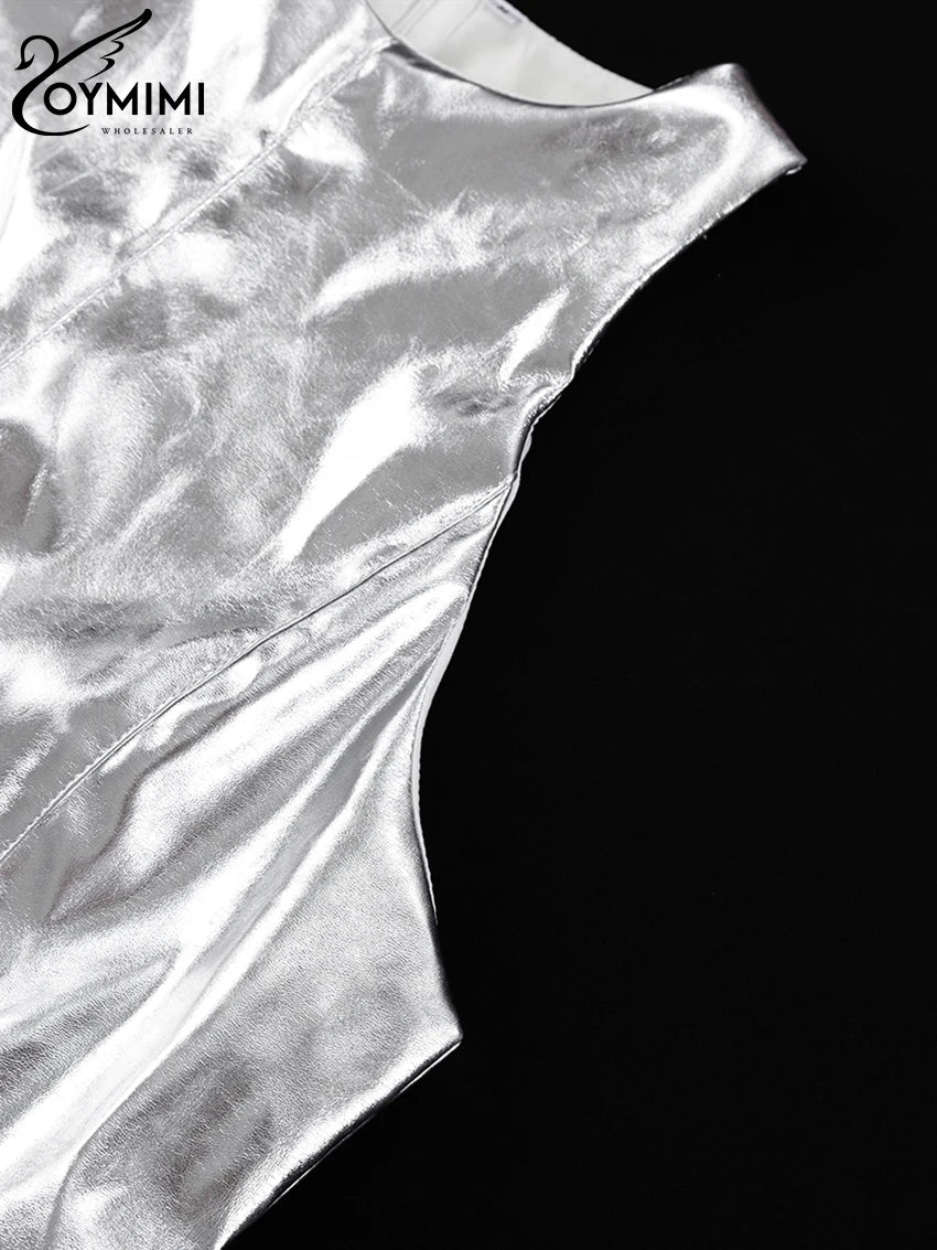 Oymimi Sexy Slim Sliver Pu Leather Dress Ladies Bodycon O-Neck Sleeveless Dress Elegant Classicc Party Dresses For Women 2023