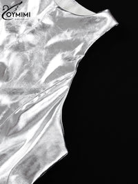 Oymimi Sexy Slim Sliver Pu Leather Dress Ladies Bodycon O-Neck Sleeveless Dress Elegant Classicc Party Dresses For Women 2023