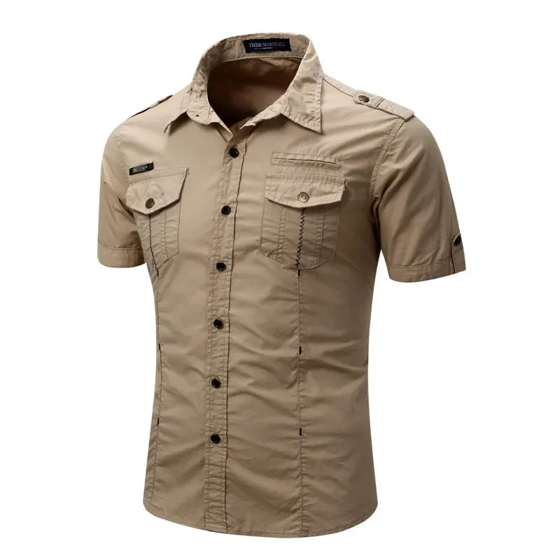 2023 New Mens Military Shirt Men Short Sleeve Cargo Shirts 100% Cotton Casual Solid Shirt Male Pocket Work Shirt