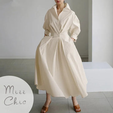 S-5XL Korean Fashion Long Sleeve Shirt Dress Chic Turndown Neck Ruched Maxi Dress Women 2022 Autumn Winter Clothes Streetwear