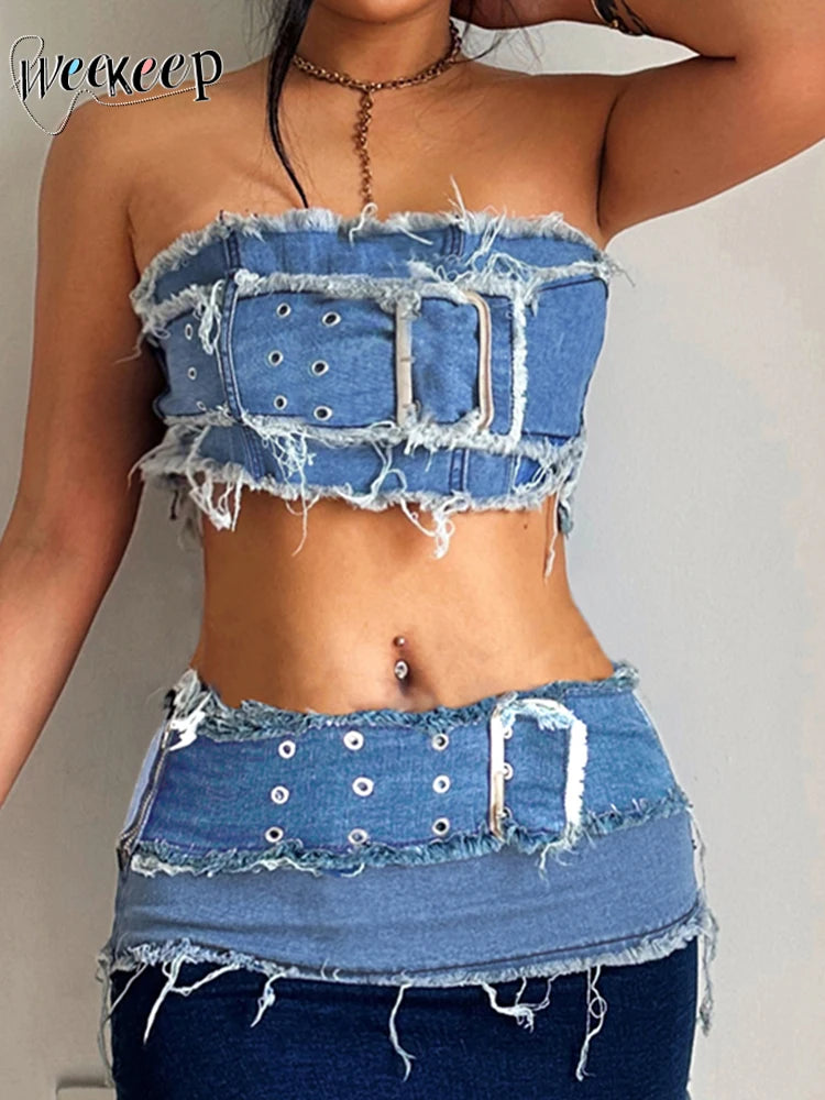 Weekeep Cargo Style Denim Tube Top Chic Big Belt Patchwork Strapless Corset Tops Women y2k Aesthetic Crop Tanks Sexy Streetwear