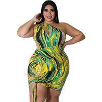 Multicolored Stripes Printing Dress Woman Sexy Hollow Out One Shoulder Sleeveless Drawstring Party Bodycon Dress Summer