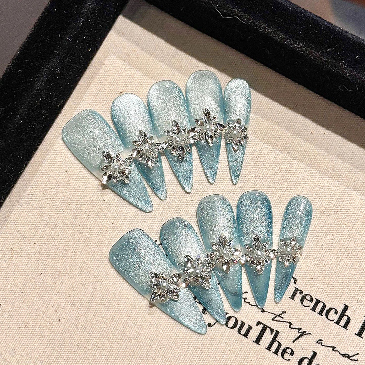 10pcs Luxury Handmade False Nail Y2k Glitter Pink Blue French Style Press On Nails Shiny Diamond Metal Butterfly Decor Fake Nail
