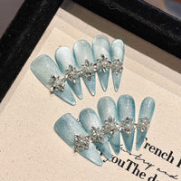 10pcs Luxury Handmade False Nail Y2k Glitter Pink Blue French Style Press On Nails Shiny Diamond Metal Butterfly Decor Fake Nail