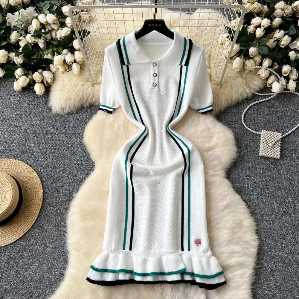 Fashion Sexy Package Hips Knitted Mini Dress 2025 Summer Vintage Turn-down Collar Ruffled Party Dresses For Women Streetrwear