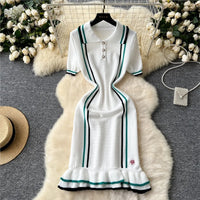 Fashion Sexy Package Hips Knitted Mini Dress 2025 Summer Vintage Turn-down Collar Ruffled Party Dresses For Women Streetrwear