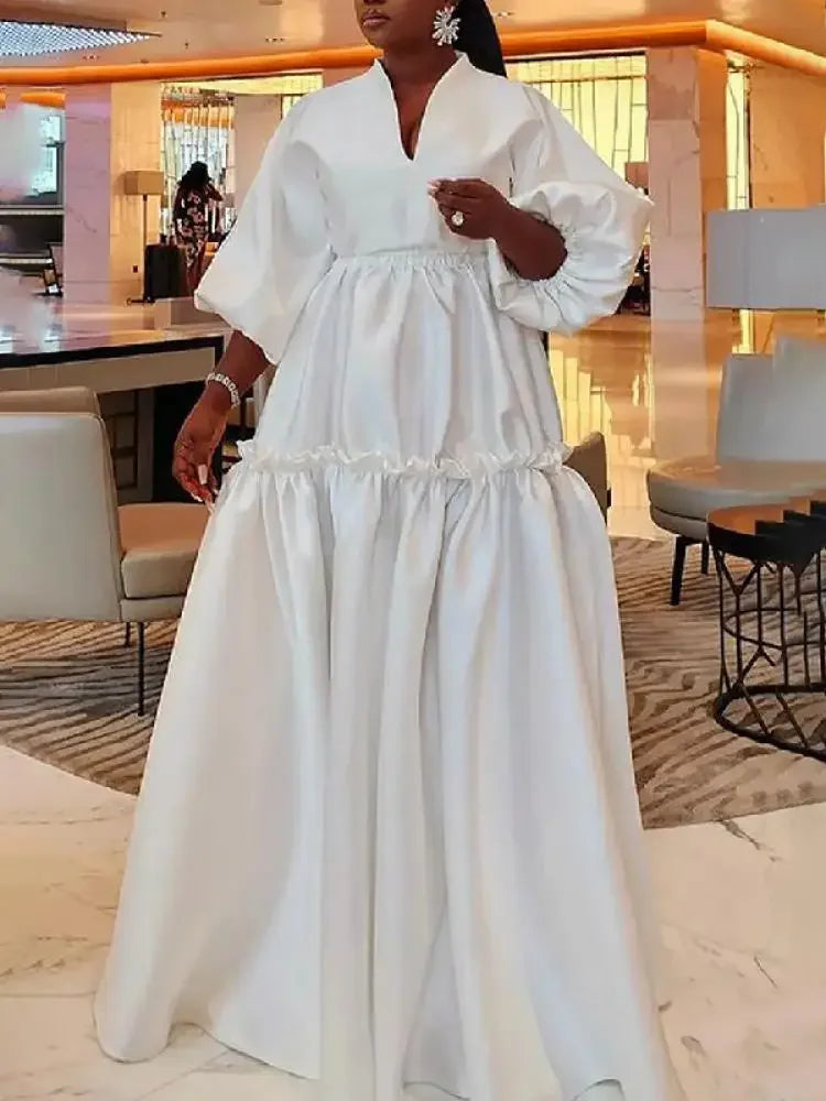 Women Minimalist Solid Color Puff Sleeves Falbala Party Evening Dress  New Spring Autumn Loose Casual Maxi Dresses