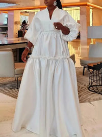 Women Minimalist Solid Color Puff Sleeves Falbala Party Evening Dress  New Spring Autumn Loose Casual Maxi Dresses