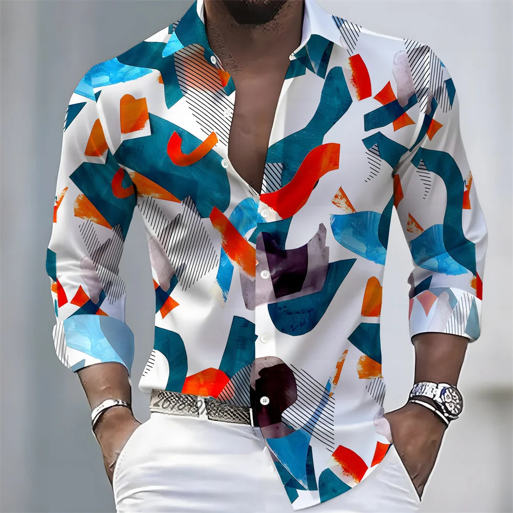 2026 Spring/Autumn New Men's Light Luxury Baroque Style Long-Sleeved Shirt with Color-Blocked Geometric Print Lapel Cardigan