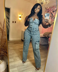 Streetwear Jeans Cargo Jumpsuit Sexy Women Strapless Elegant Wide Leg Denim Straight Romper Overalls