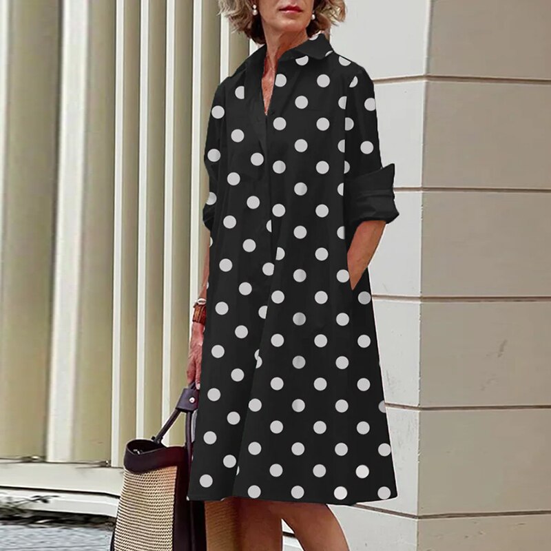 Elegant Solid Shirt Dress Women 2023 Turn Down Collar Long Sleeve Midi Dresses Spring Ladies Commute Casual Loose Pocket Blouses