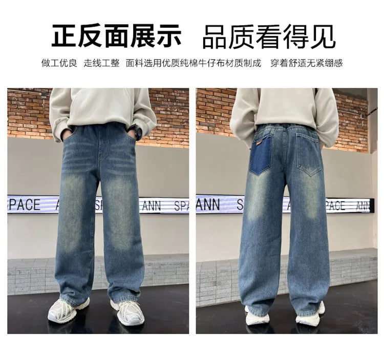 Boys Jeans 2024 Autumn&winter New Teenage Children Plus Fleece Warm Pants Boys Fried Street Handsome Pants Kids Denim Trousers