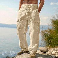 European And American Men's Cotton And Linen Trousers Multi-pocket Work Pants Loose Straight Sportswear And Casual Trousers