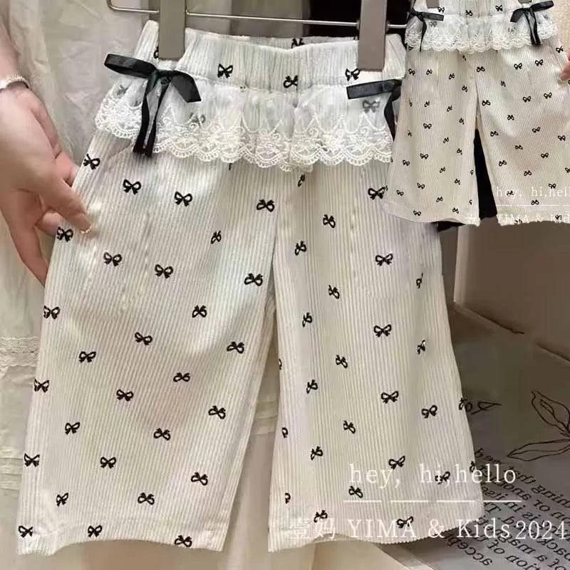 New Girls Bow Print Pants Spring Kids Wide-leg Trousers Fashion Elastic Loose Pants Autumn Children Bowknot Trousers 2-8 Years