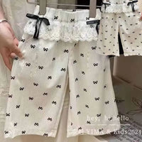 New Girls Bow Print Pants Spring Kids Wide-leg Trousers Fashion Elastic Loose Pants Autumn Children Bowknot Trousers 2-8 Years