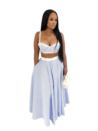 Women's Set with Camisole Vest, Lace Patchwork High Waisted Striped Skirt, Two-piece Set for Summer 2025