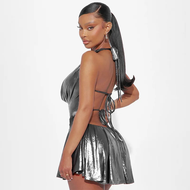 CUTENOVA 2025 new Metallic V Neck Puttee Tight Pleated Short Dress For Wome Sexy Backless Strap Mini Dresses Evening Club Party