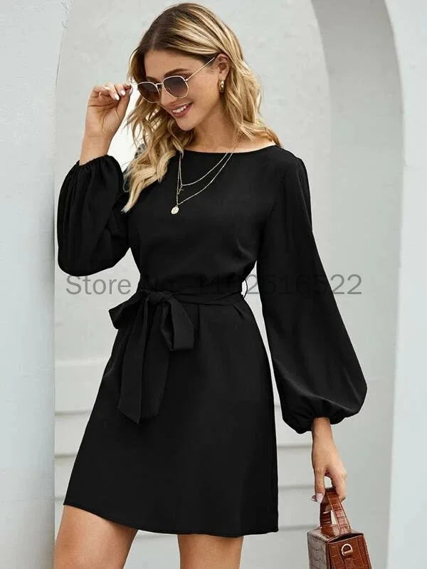 New European and American Women's Solid Color Temperament Commuting Slim Slim Pullover High Waist Dress