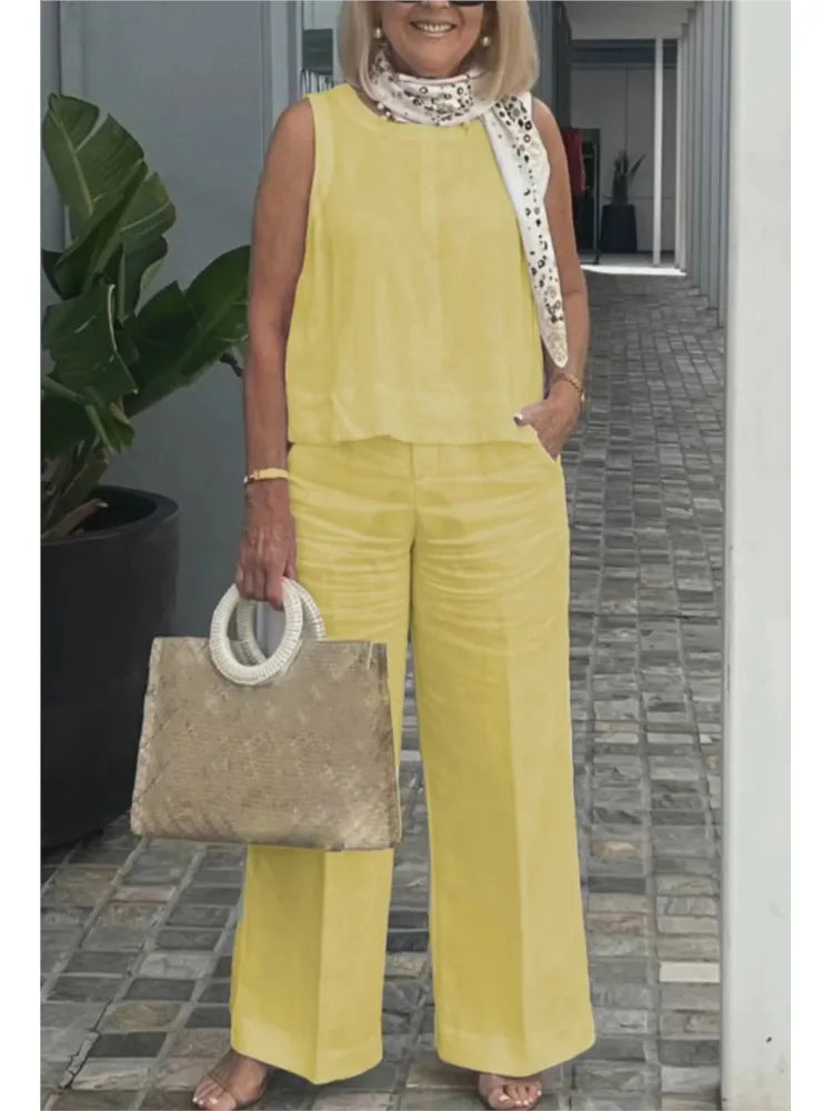 New Summer Women's Suit Sleeveless Top Wide Leg Trousers Two Piece Set Fashion Casual Solid Holiday 2 Piece Set Women Clothes