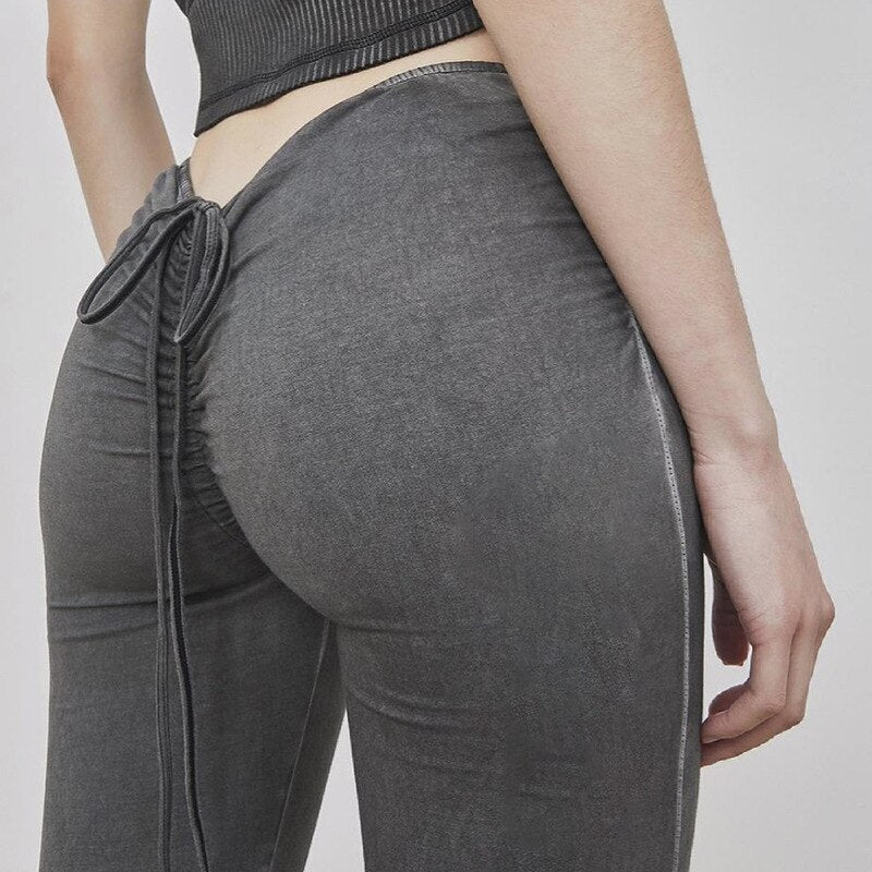 Y2K Low Waist Flare Pants Women Drawstring Ruched Long Trousers Elastic Casual Streetwear Fashion Bandage Bottoms Sexy Trousers