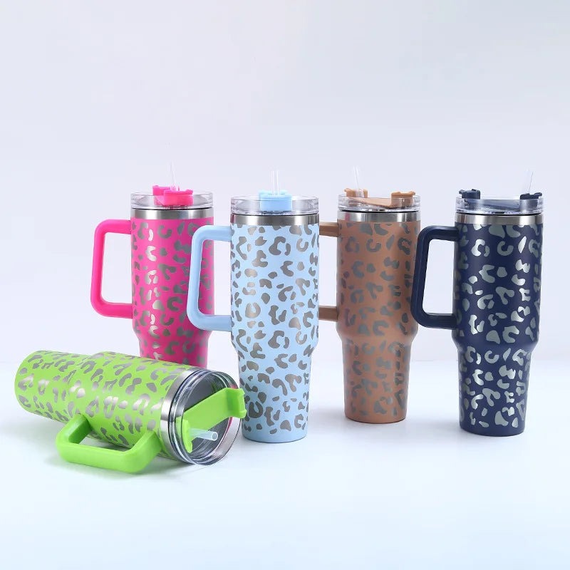 Stainless Steel Vacuum Insulated Car Mug, High Capacity Thermos Cup, Handle Straw Lid, Double Wall Thermal Iced Travel Cup, 40oz