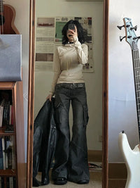 CJFHJE American Retro Bell Bottoms Washed Black Low Waist Slim Flare Jeans Women Fashion Cozy Denim Trousers Hiphop High Street