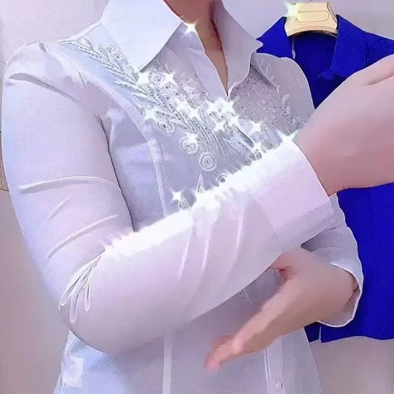 Shiny Sequins Long Sleeve White Shirt New High End Chic High Design Embroidery Hot Diamond Blouses Women Tops Red Blue