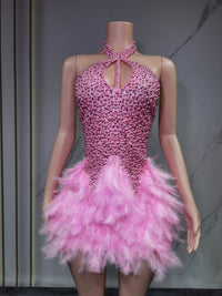 Fashion 2025new sexy Latin dance dress with airy hollow design, feather skirt hanging neck skirt