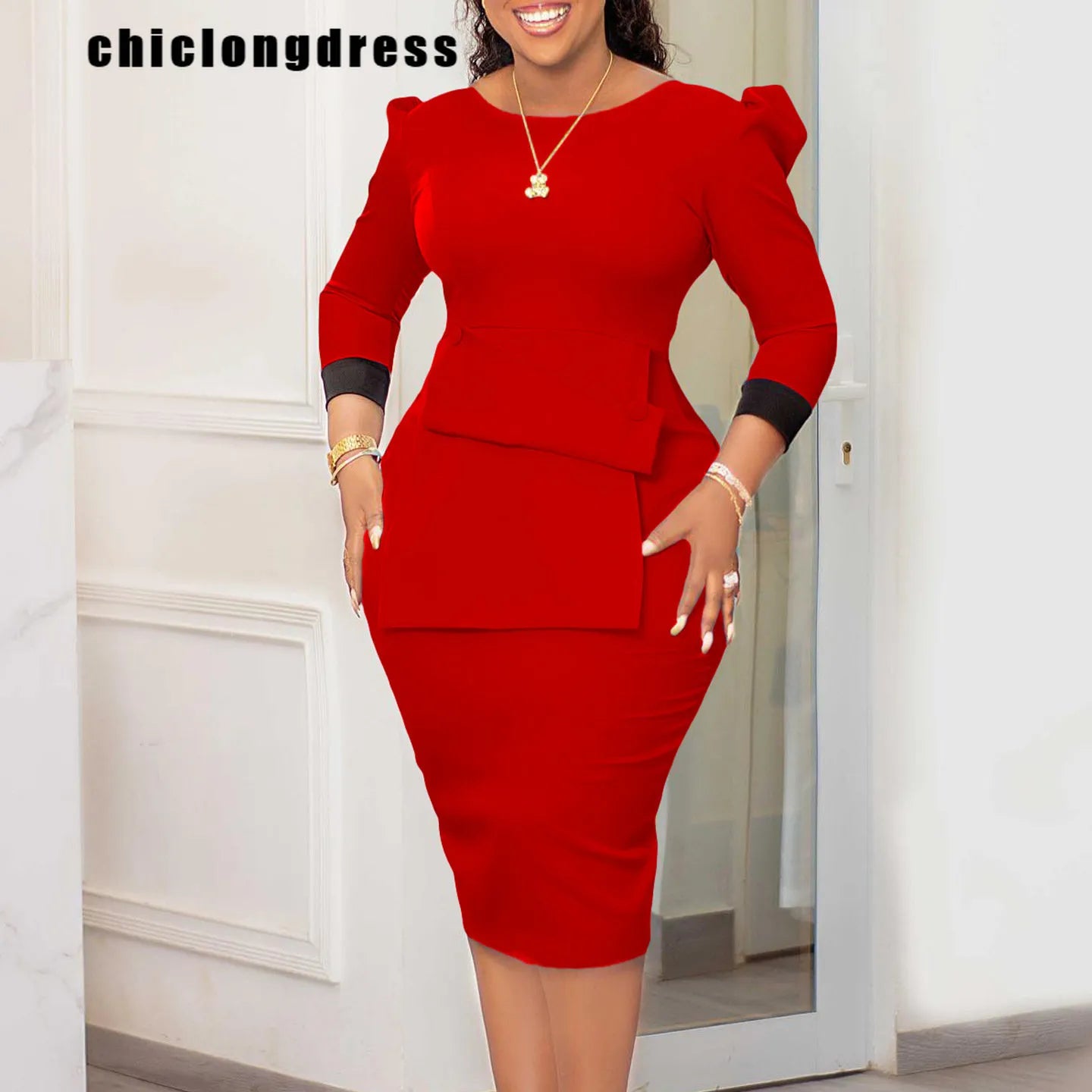 Summer Fashion Office Ladies Pencil Dress Elegant Commuter Solid Puff Sleeve Slim Dress African Women