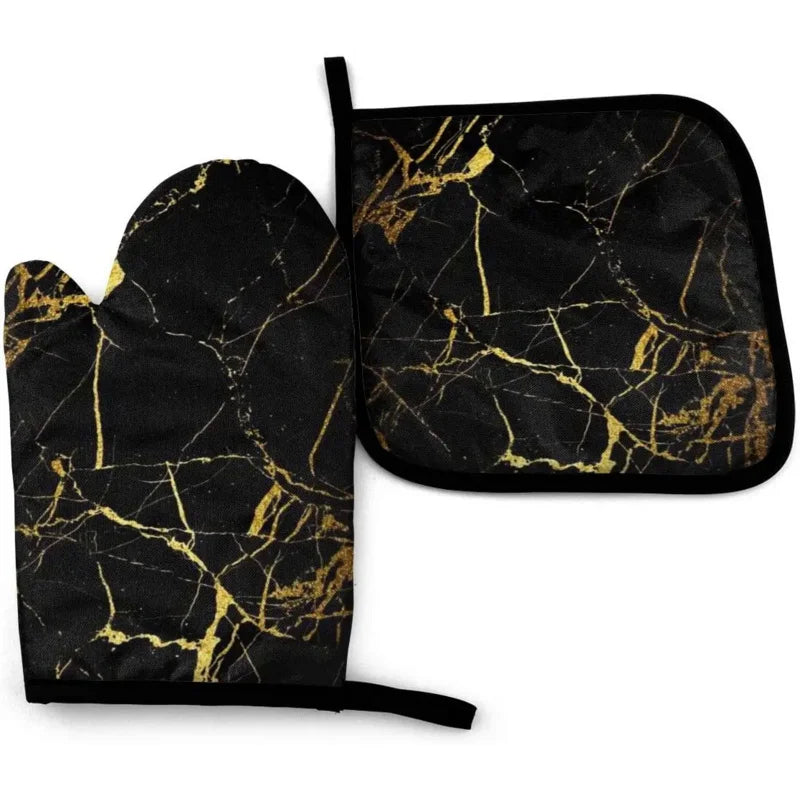 Black Gold Marble Oven Mitts and Pot Holders Heat Resistant Oven Gloves Safe Cooking Baking Grilling