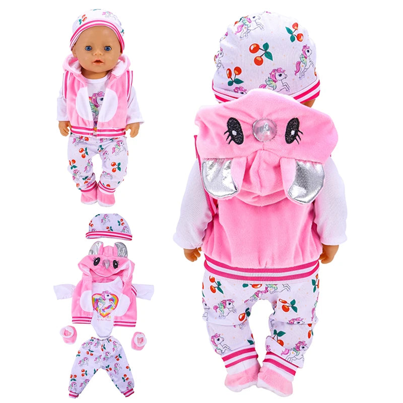 2022 New Born New Baby Fit 18 inch 43cm Doll Clothes Accessories 5-piece Rose Red Unicorn One-piece Dress For Baby Birthday Gift